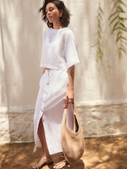 White Premium 100% Linen Boxy Short Sleeve Blouse - Image 4 of 10