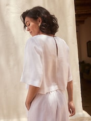 White Premium 100% Linen Boxy Short Sleeve Blouse - Image 5 of 10