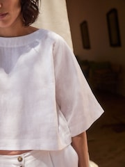 White Premium 100% Linen Boxy Short Sleeve Blouse - Image 6 of 10