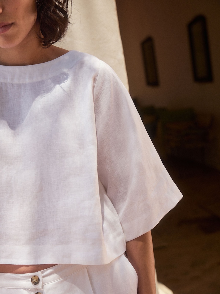 White Premium 100% Linen Boxy Short Sleeve Blouse - Image 6 of 10