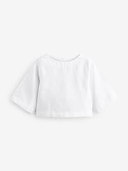 White Premium 100% Linen Boxy Short Sleeve Blouse - Image 8 of 10