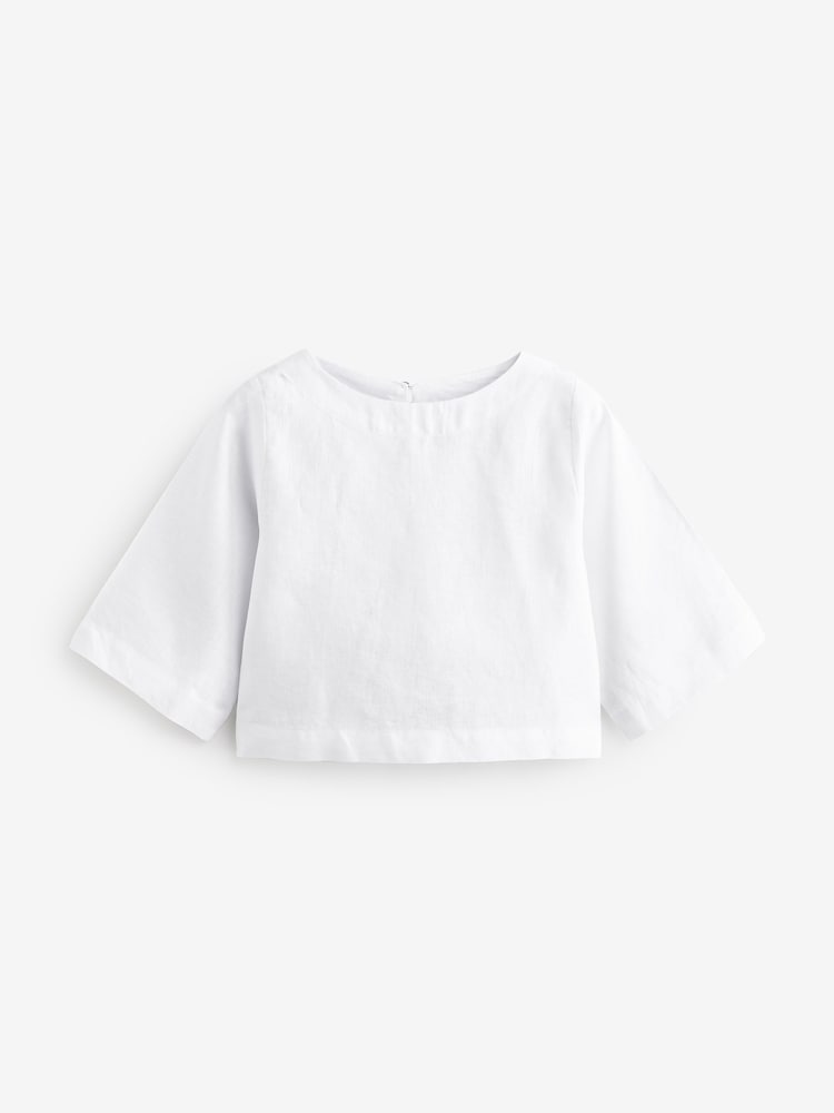 White Premium 100% Linen Boxy Short Sleeve Blouse - Image 8 of 10