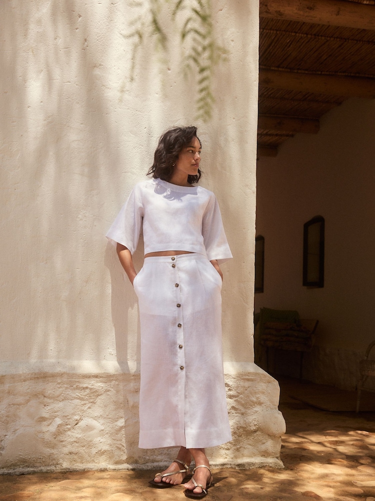 White Premium 100% Linen Button Down Pencil Skirt - Image 2 of 10