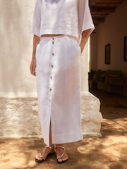 White Premium 100% Linen Button Down Pencil Skirt - Image 5 of 10