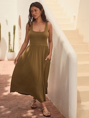 Olive Green Jersey Waisted Summer Dress - Image 2 of 5