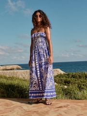 Blue 100% Cotton Bandeau Frill Summer Midi Dress - Image 1 of 12