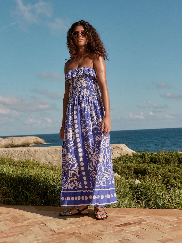 Blue 100% Cotton Bandeau Frill Summer Midi Dress - Image 1 of 12