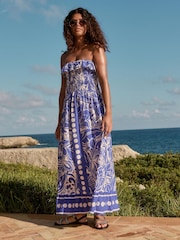 Blue 100% Cotton Bandeau Frill Summer Midi Dress - Image 12 of 12