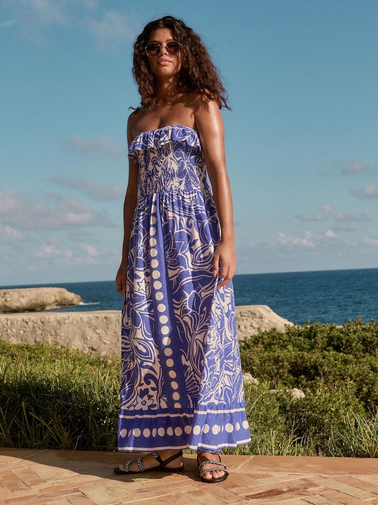 Blue 100% Cotton Bandeau Frill Summer Midi Dress - Image 12 of 12