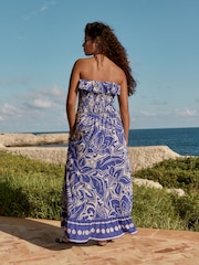 Blue 100% Cotton Bandeau Frill Summer Midi Dress - Image 4 of 12