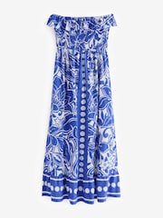 Blue 100% Cotton Bandeau Frill Summer Midi Dress - Image 6 of 12