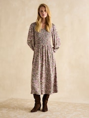 Joules Lilliana Pink/Green Shirred Dress - Image 1 of 6