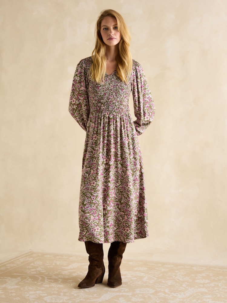 Joules Lilliana Pink/Green Shirred Dress - Image 1 of 6