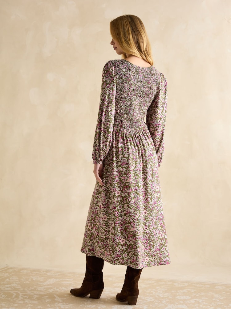 Joules Lilliana Pink/Green Shirred Dress - Image 2 of 6