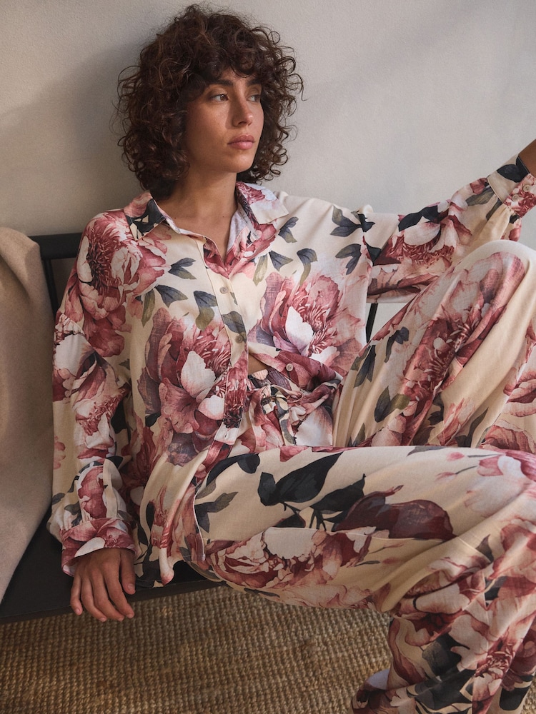 Ecru Floral Linen Blend Button Through Pyjamas - Image 1 of 6