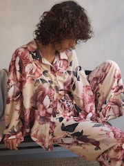Ecru Floral Linen Blend Button Through Pyjamas - Image 3 of 6