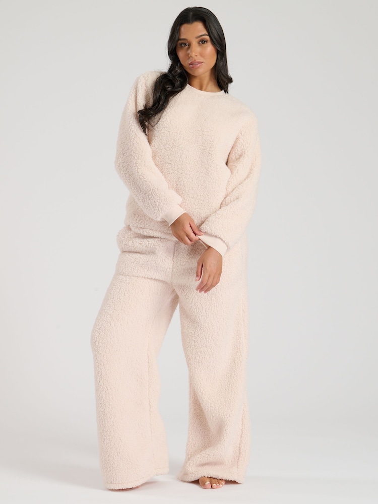 Loungeable Cream Borg Jumper and Wide Leg Lounge Set - Image 1 of 4