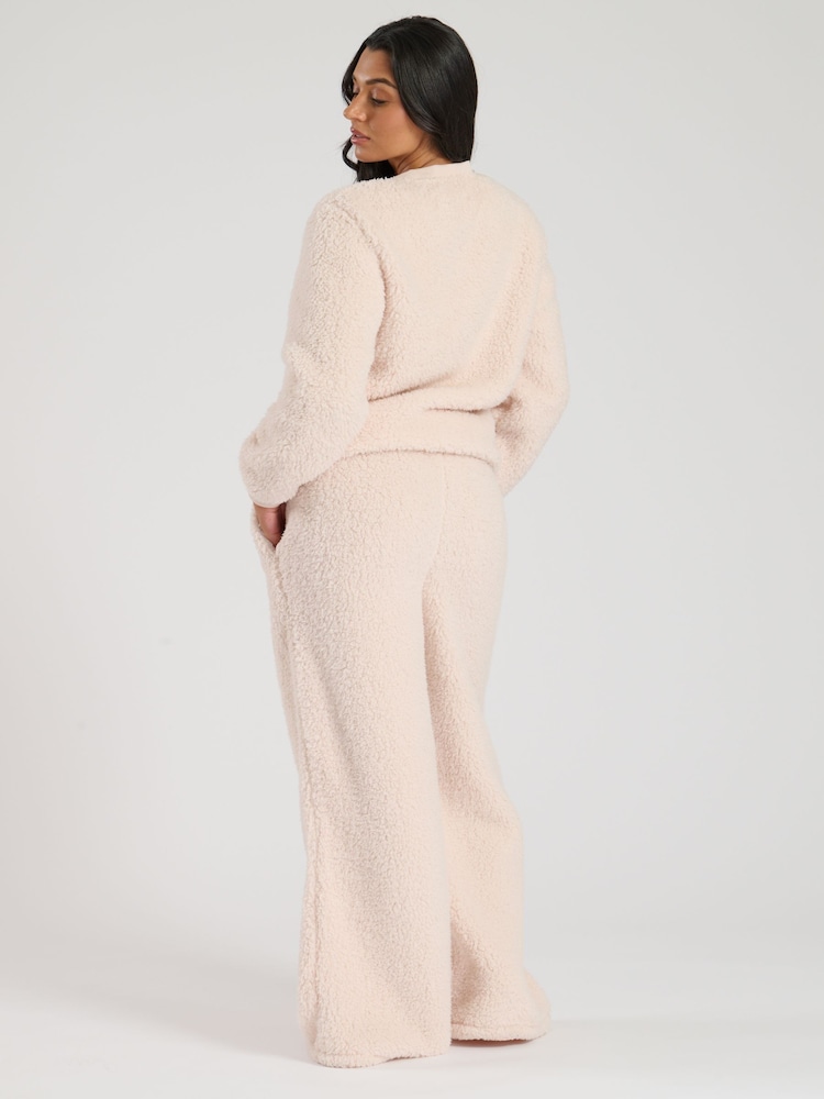 Loungeable Cream Borg Jumper and Wide Leg Lounge Set - Image 2 of 4