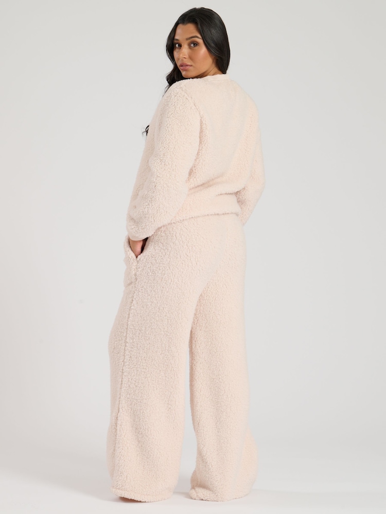 Loungeable Cream Borg Jumper and Wide Leg Lounge Set - Image 4 of 4