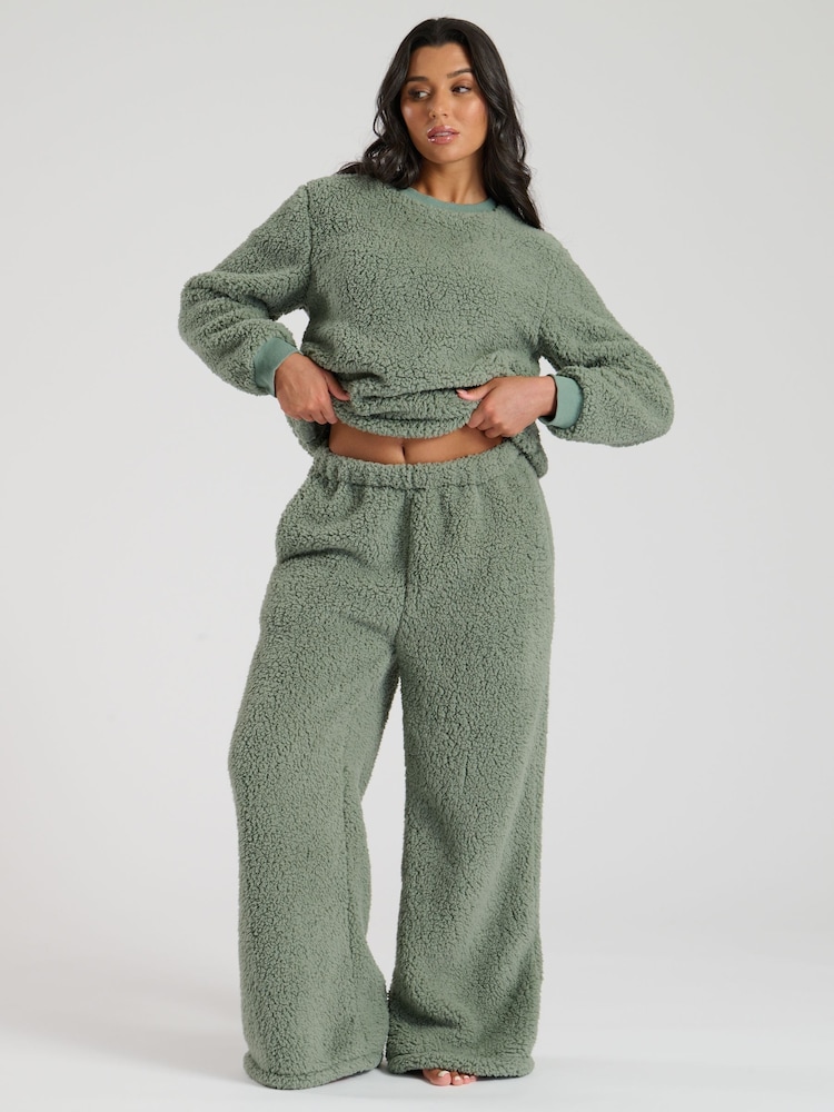 Loungeable Green Borg Jumper and Wide Leg Lounge Set - Image 1 of 5