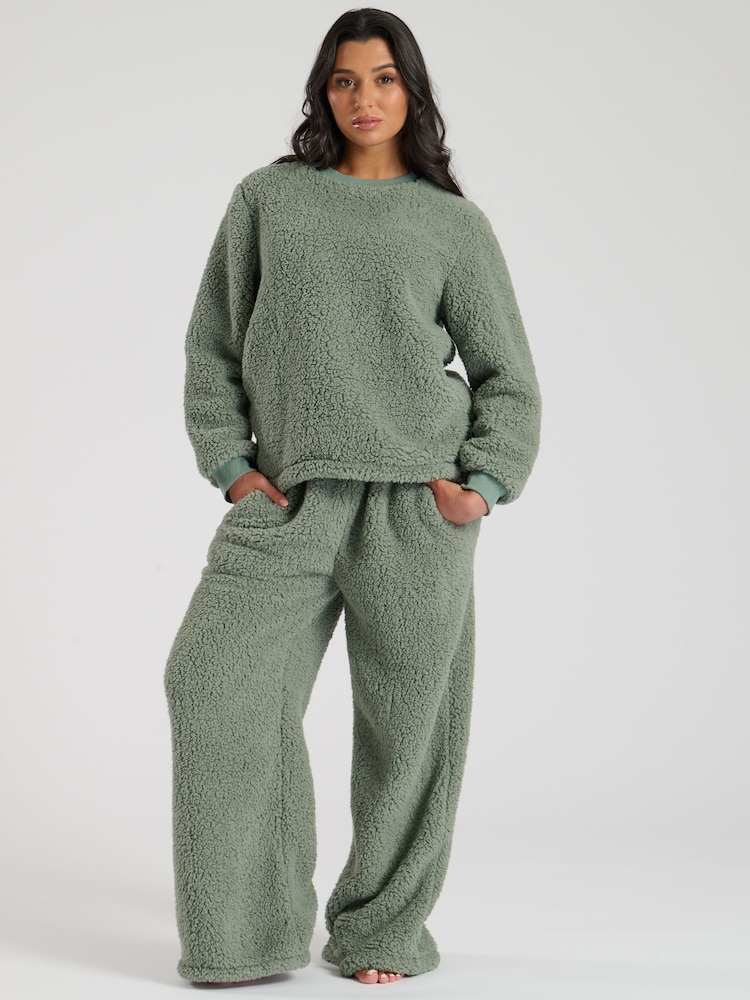Buy Loungeable Green Borg Jumper Wide Leg Trousers Lounge Set