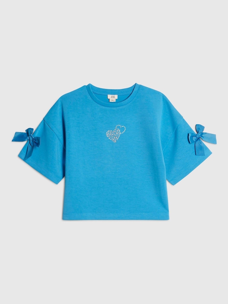River Island Blue Premium Bow Boxy T-Shirt - Image 1 of 4 River Island Blue Premium Bow Boxy T-Shirt - Image 1 of 4