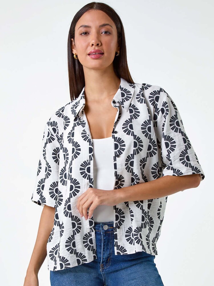 Roman Black Geometric Print Button Shirt - Image 1 of 5