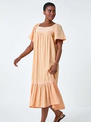 Roman Orange Embroidered 100% Cotton Midi Smock Dress - Image 1 of 5