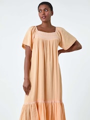 Roman Orange Embroidered 100% Cotton Midi Smock Dress - Image 2 of 5