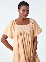 Roman Orange Embroidered 100% Cotton Midi Smock Dress - Image 4 of 5