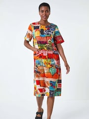 Roman Red Abstract Print Pocket Shift Dress - Image 1 of 5