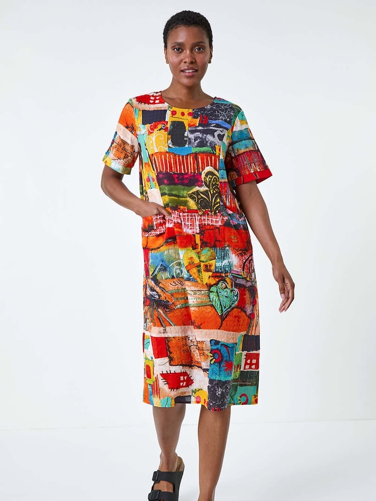 Roman Red Abstract Print Pocket Shift Dress - Image 1 of 5