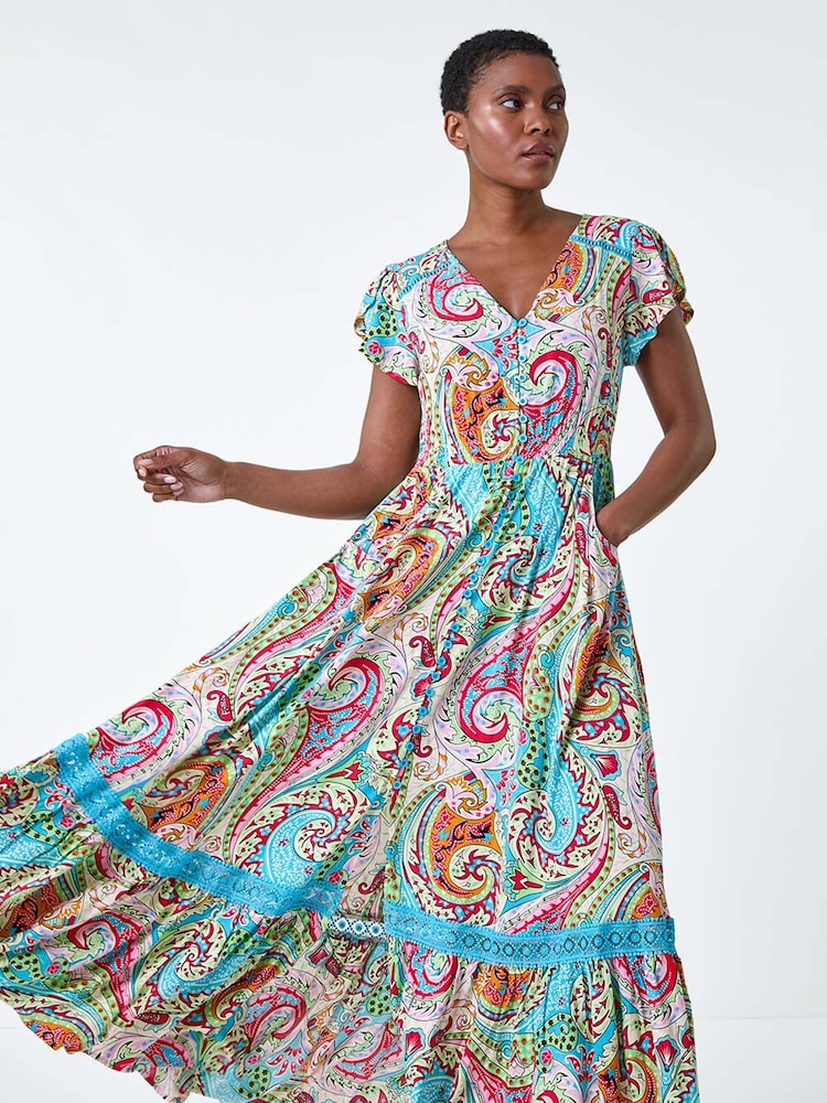 Roman Blue Paisley Print Shirred Waist Maxi Dress - Image 1 of 5