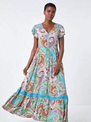 Roman Blue Paisley Print Shirred Waist Maxi Dress - Image 2 of 5