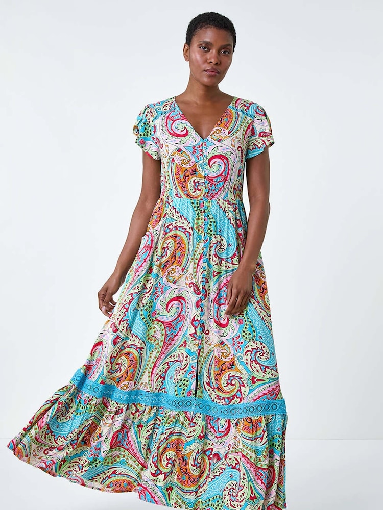 Roman Blue Paisley Print Shirred Waist Maxi Dress - Image 2 of 5