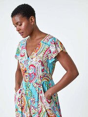 Roman Blue Paisley Print Shirred Waist Maxi Dress - Image 4 of 5