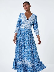 Roman Blue Paisley Print Frill Hem Maxi Dress - Image 2 of 5