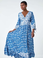 Roman Blue Paisley Print Frill Hem Maxi Dress - Image 4 of 5