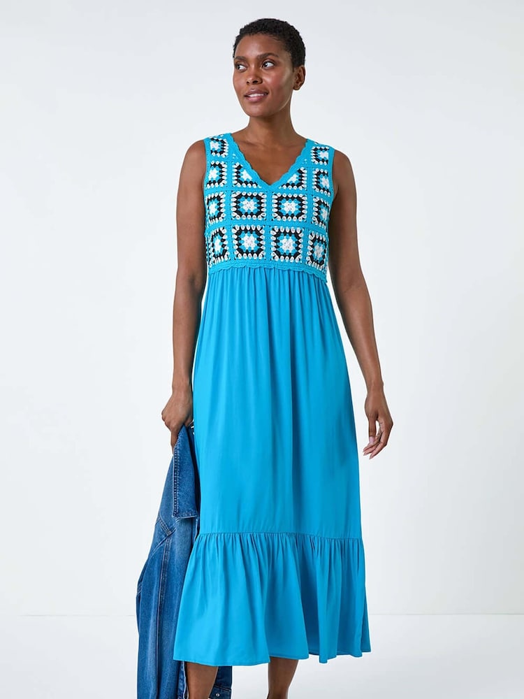 Roman Blue Sleeveless Crochet Fit & Flare Midi Dress - Image 1 of 5