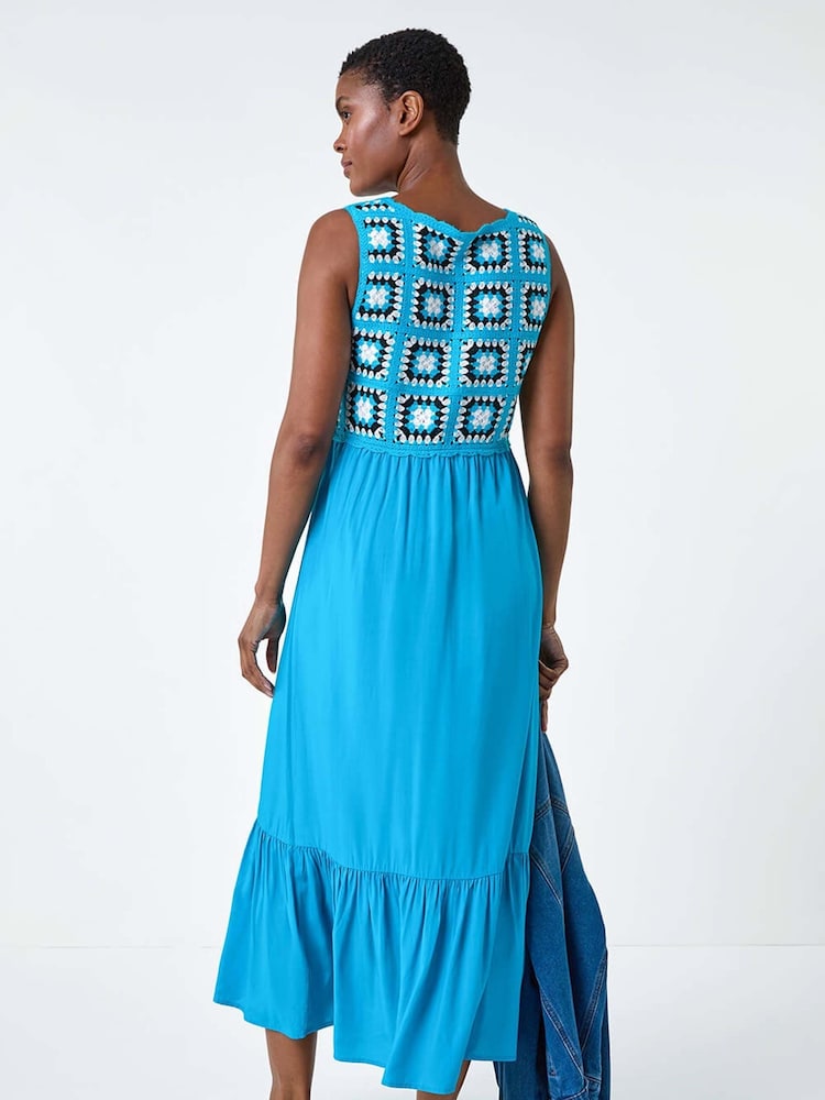 Roman Blue Sleeveless Crochet Fit & Flare Midi Dress - Image 3 of 5