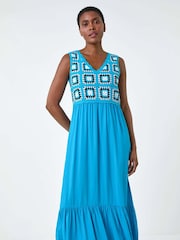 Roman Blue Sleeveless Crochet Fit & Flare Midi Dress - Image 4 of 5