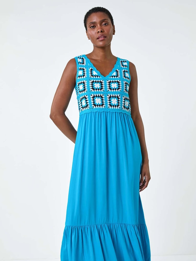 Roman Blue Sleeveless Crochet Fit & Flare Midi Dress - Image 4 of 5
