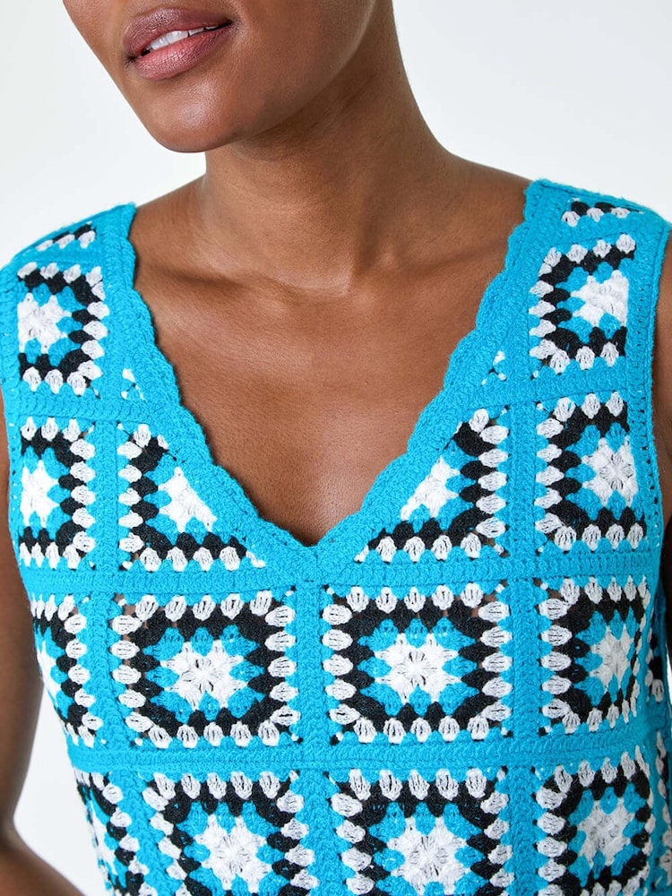 Roman Blue Sleeveless Crochet Fit & Flare Midi Dress - Image 5 of 5