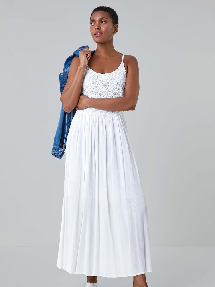 Roman White Lace Bodice Shirred Midi Dress - Image 1 of 5