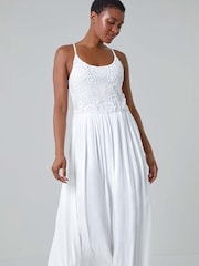 Roman White Lace Bodice Shirred Midi Dress - Image 2 of 5