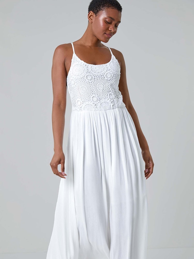 Roman White Lace Bodice Shirred Midi Dress - Image 2 of 5