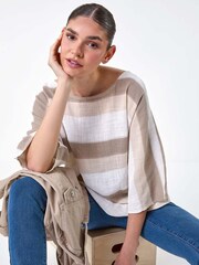 Roman Brown Stripe Print 100% Cotton Tunic Top - Image 1 of 5