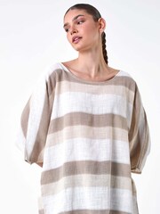 Roman Brown Stripe Print 100% Cotton Tunic Top - Image 2 of 5