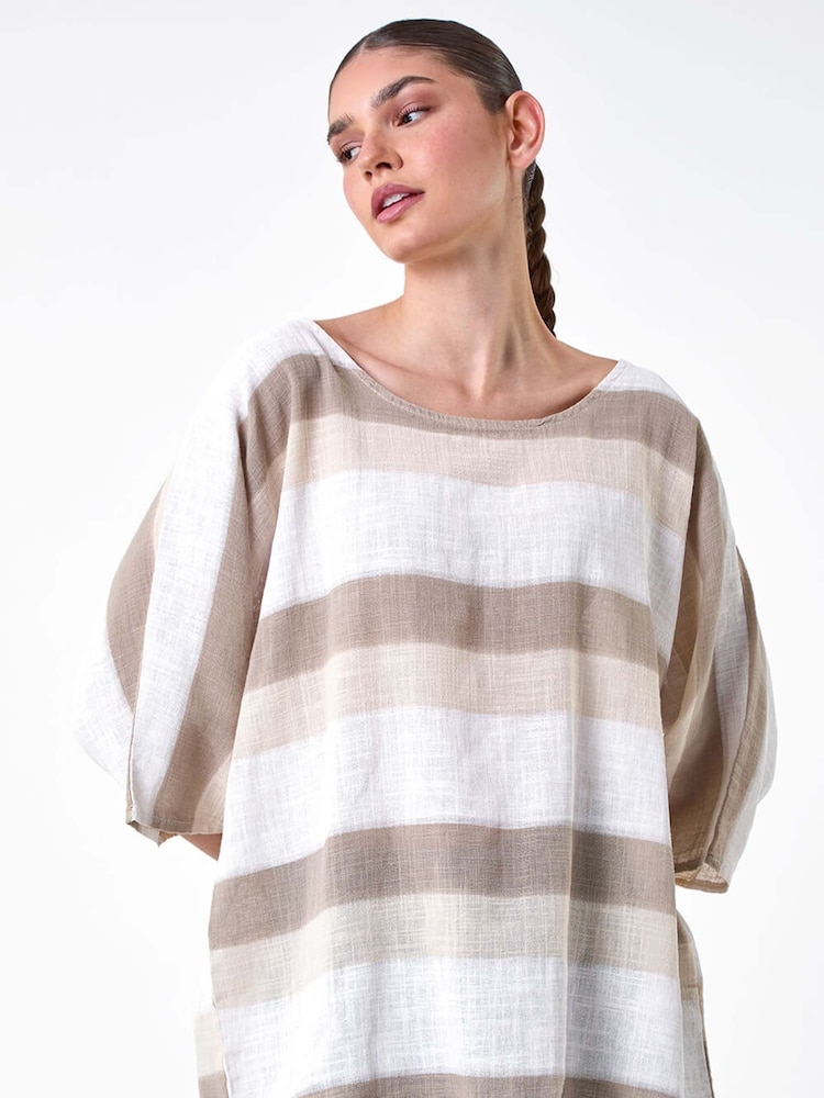 Roman Brown Stripe Print 100% Cotton Tunic Top - Image 2 of 5
