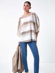 Roman Brown Stripe Print 100% Cotton Tunic Top - Image 4 of 5